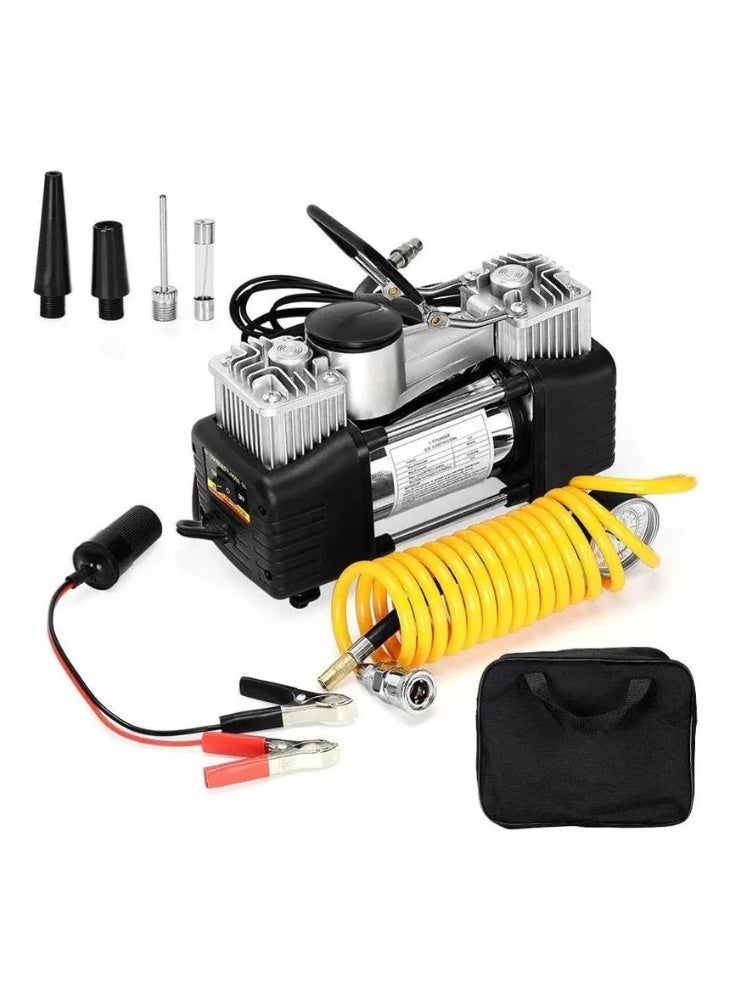 Double Cylinder Tyre Inflator Portable Air Compressor Extension Coil air Hose with Pressure Gauge - Image 4